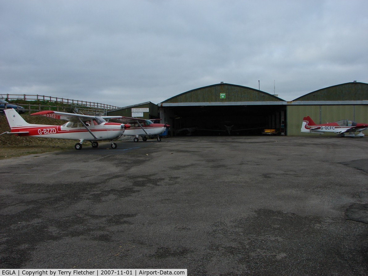 Bodmin Airfield Airport, Bodmin, England United Kingdom (EGLA) - Apron outside the main hangar