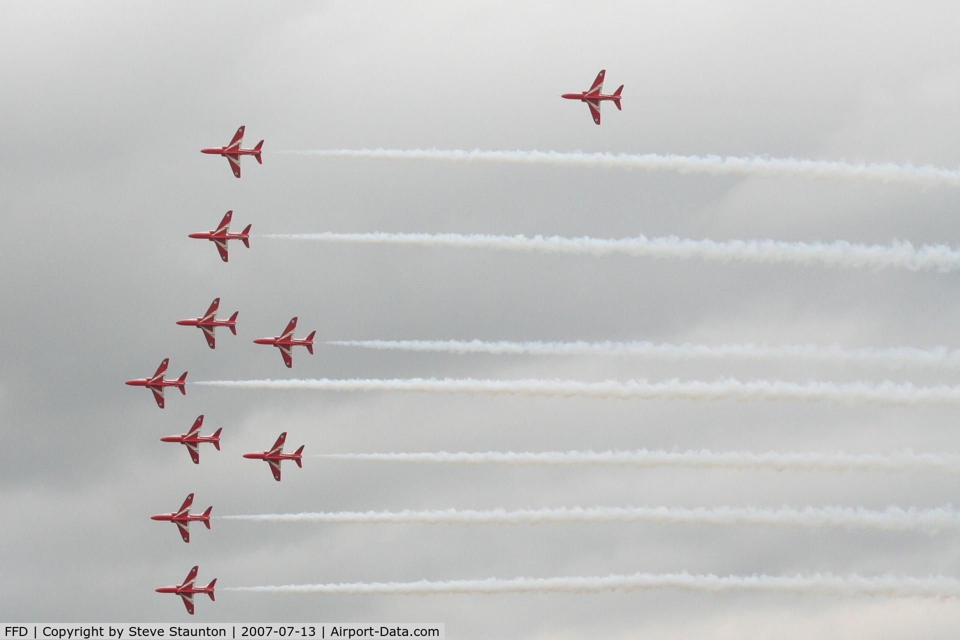 RAF Fairford Airport, Fairford, England United Kingdom (FFD) - Red Arrows in 10 ship formation at Royal International Air Tattoo 2007