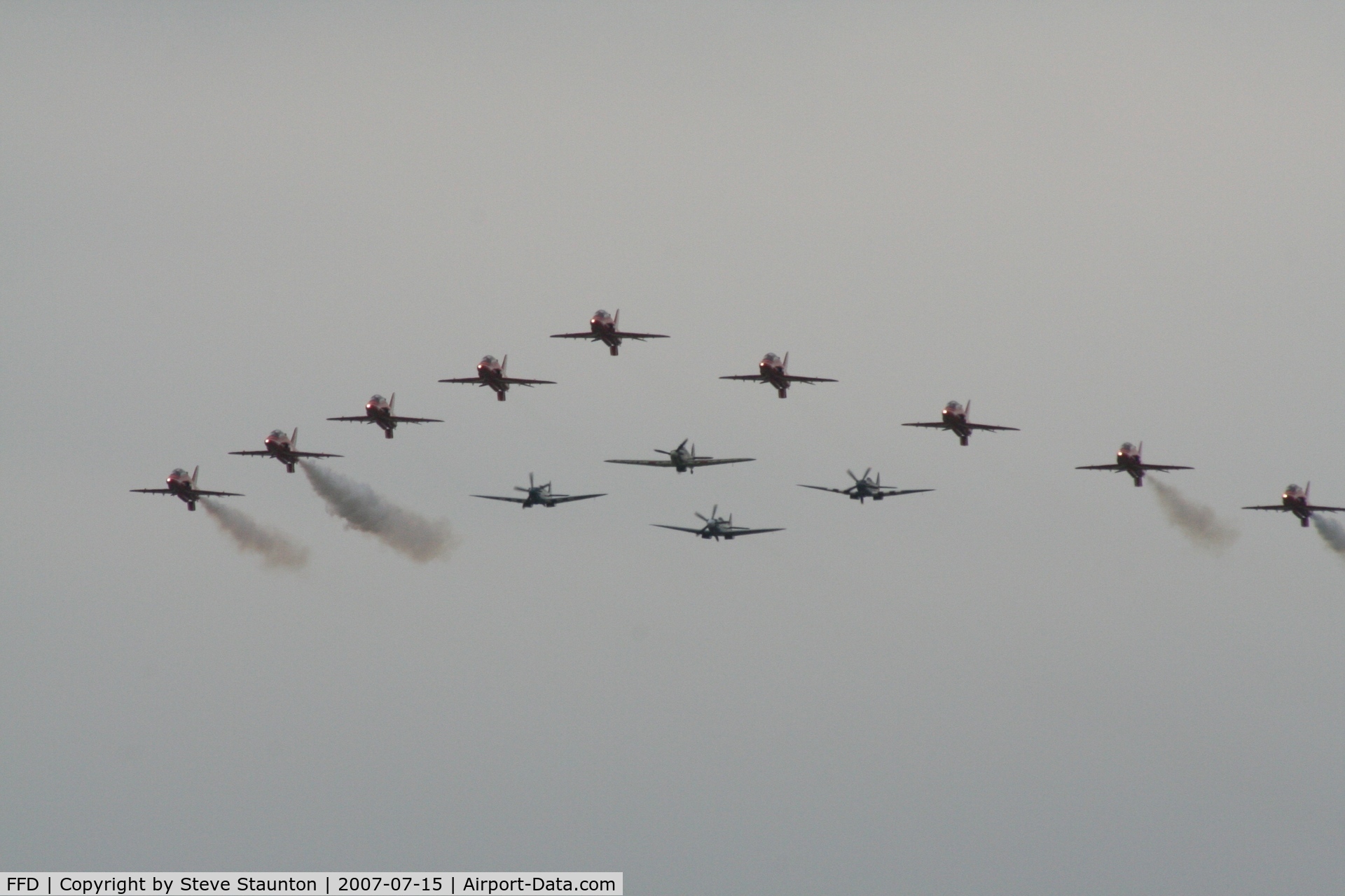 RAF Fairford Airport, Fairford, England United Kingdom (FFD) - Red Arrows with three Spitfires and 1 Hurricane at Royal International Air Tattoo 2007