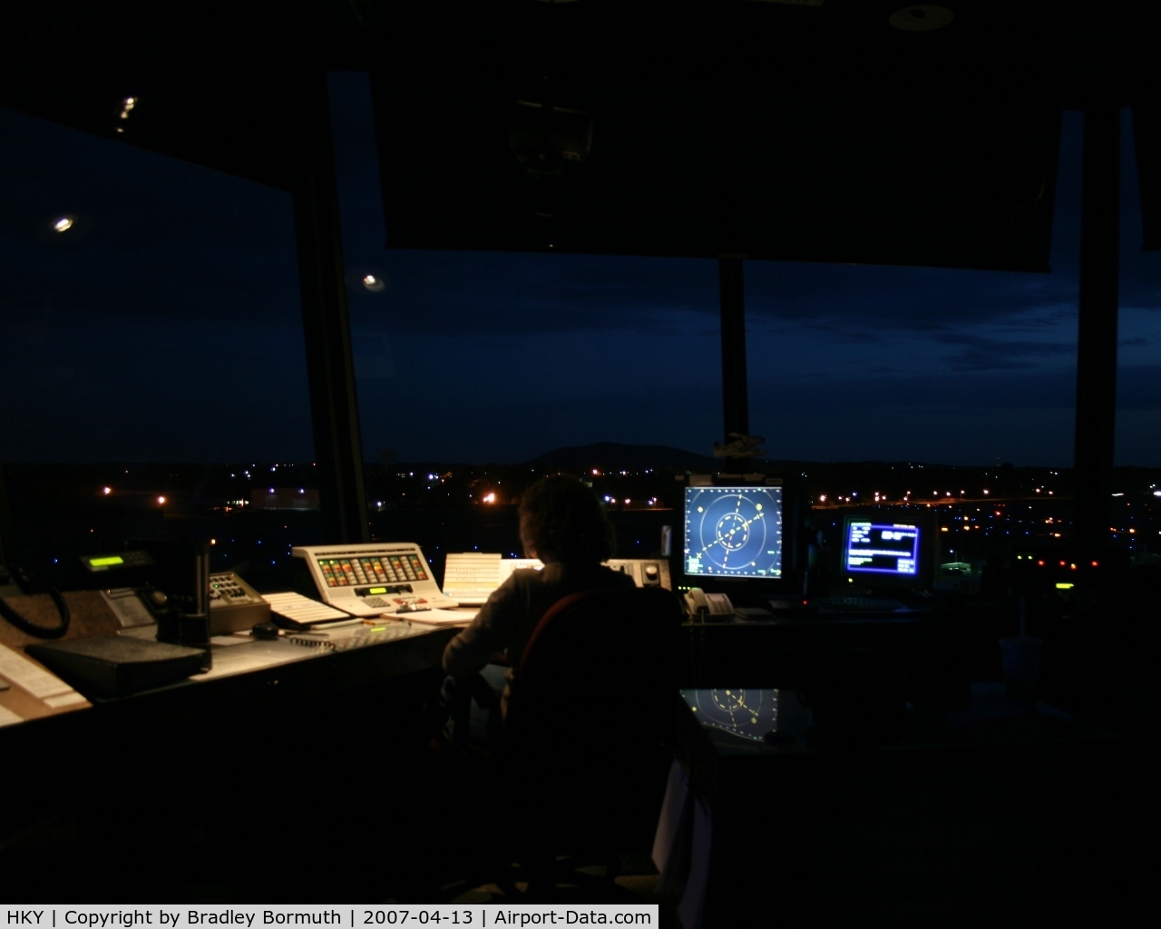 Hickory Regional Airport (HKY) - View of the inside of the control tower at Hickory about an hour after sunset.
