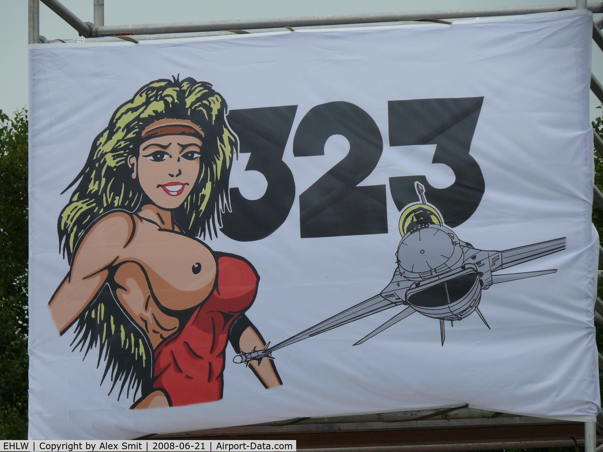 Leeuwarden Air Base Airport, Leeuwarden Netherlands (EHLW) - Goddess of the hunters Diana is in the squadron-sign of Leeuwarden based 323 Squadron, this banner was high up during the Royal Netherlands Air Force open house