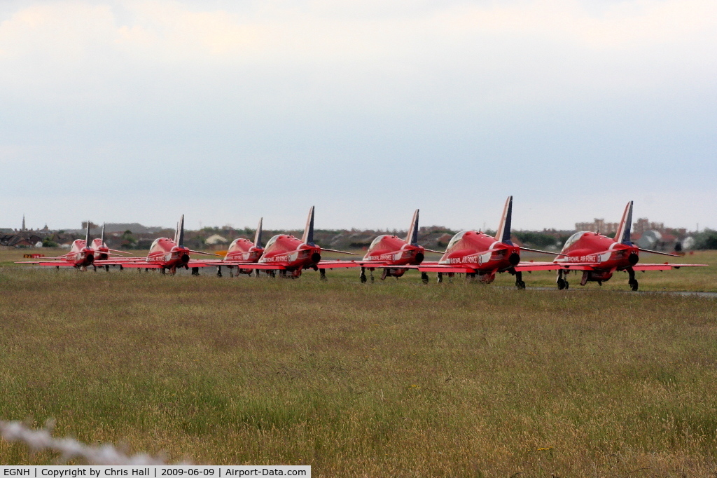 Blackpool International Airport, Blackpool, England United Kingdom (EGNH) - Red Arrows taxiing out line astern after a refueling stop prior to their display in the Isle of Man