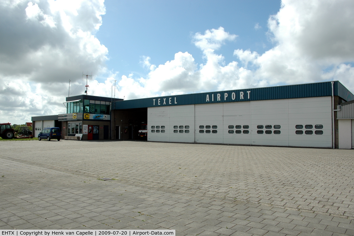 Texel International Airport, Texel Netherlands (EHTX) - Texel airport tower and hangar.