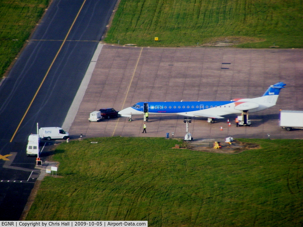 Hawarden Airport, Chester, England United Kingdom (EGNR) - BMI Regional EMB-145EP, G-RJXD on apron Alpha as we depart from Hawarden
