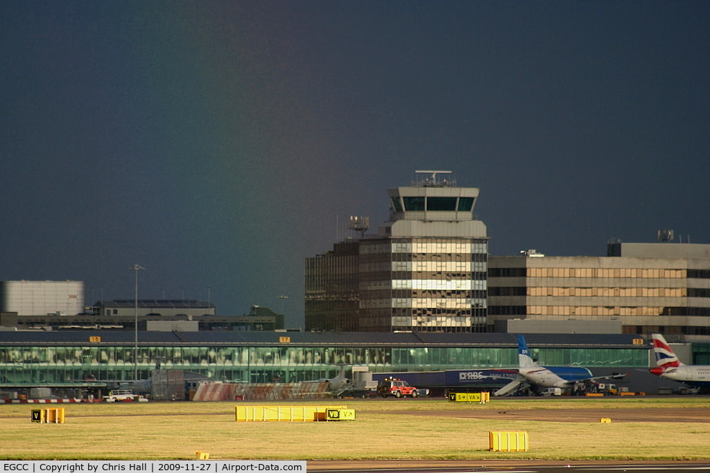Manchester Airport, Manchester, England United Kingdom (EGCC) - Rainbow shining down on the control tower