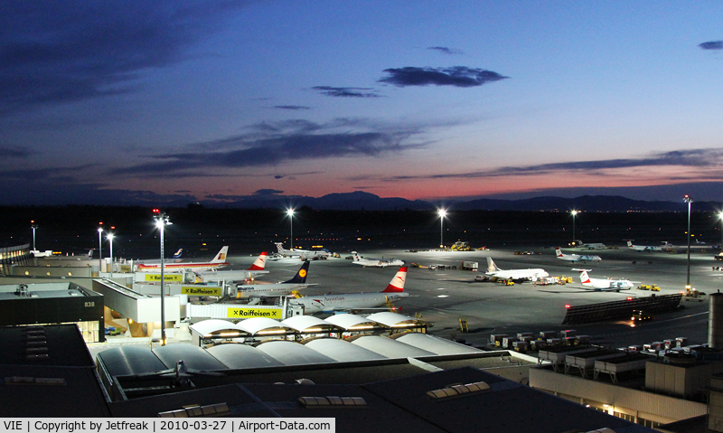 Vienna International Airport, Vienna Austria (VIE) - sunset; view from parking #3; with SP-LDC and OH-LKN