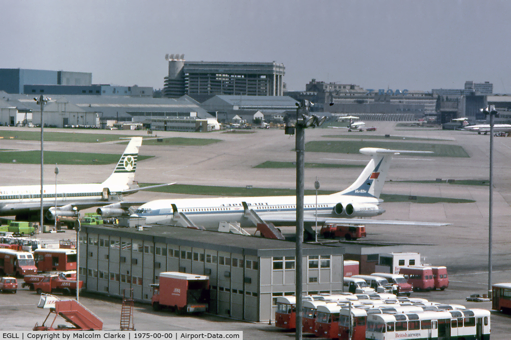 London Heathrow Airport, London, England United Kingdom (EGLL) - A view from The Queens Building across Heathrow Airport in 1975.