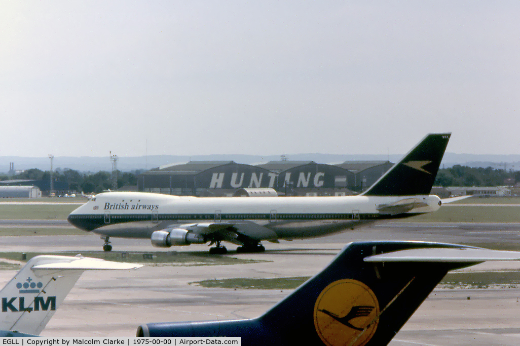 London Heathrow Airport, London, England United Kingdom (EGLL) - An unidentified Lufthansa Boeing 747 taxying at Heathrow Airport in 1975.