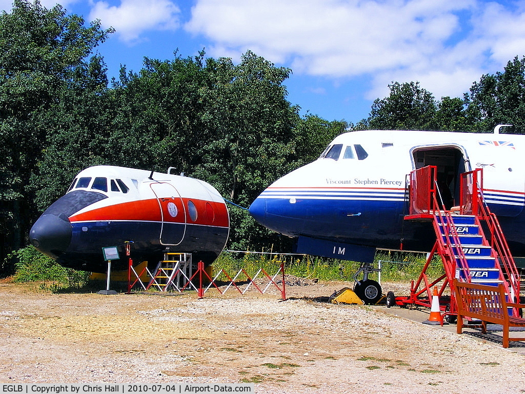 EGLB Airport - Nose section of former RAE Viscount XT575 and BAF  Viscount G-APIM preserved at the Brooklands Museum
