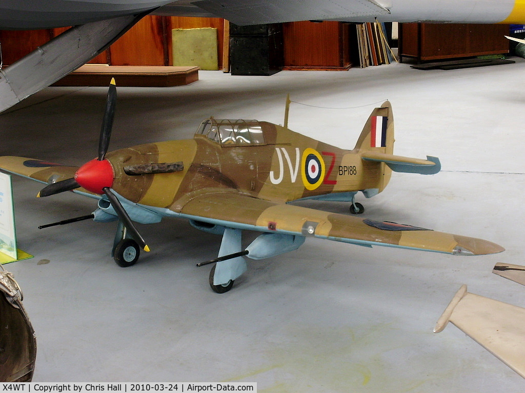 X4WT Airport - Large scale model of Hawker Hurricane MKIID at the Newark Air Museum.
Painted to represent  BP188/JV-Z RAF No.6 Squadron. Western Desert, N.Africa, 1942. 