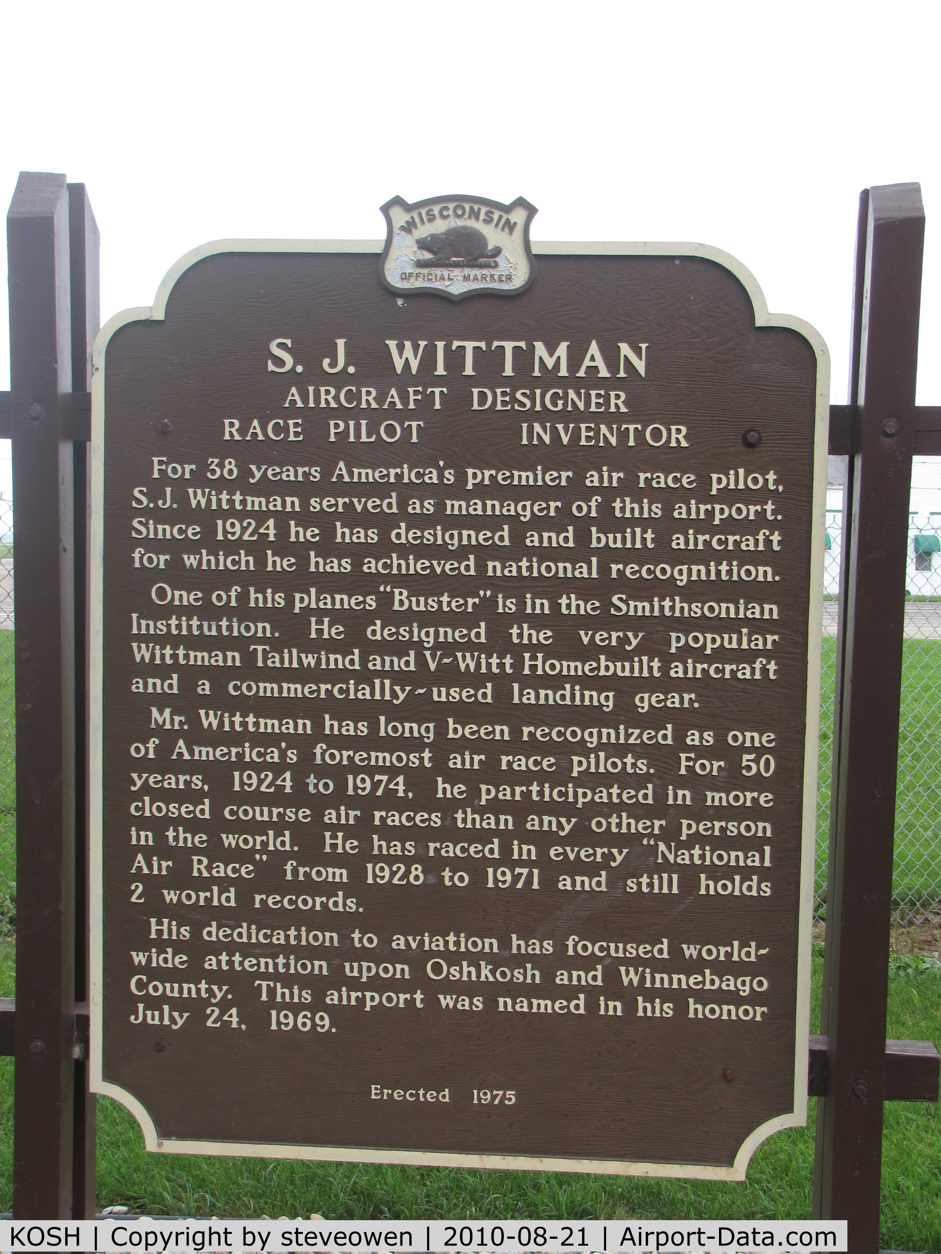 Wittman Regional Airport (OSH) - Historical marker at KOSH explaining for whom the field is named after