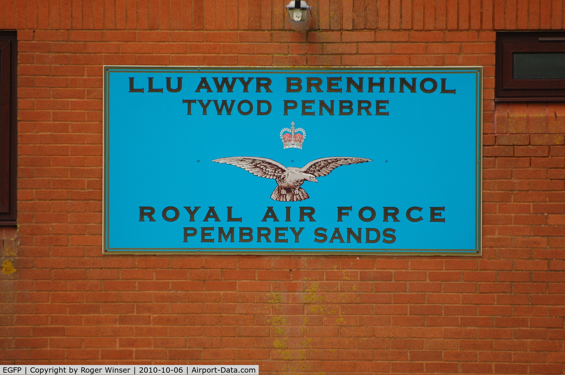 Pembrey Airport, Pembrey, Wales United Kingdom (EGFP) - Sign on the administration building situated on the former RAF Station Pembrey technical site. RAF Pembrey Sands Air Weapons Range (EGOP) has it's own landing grounds and has never been part of the former RAF Station Pembrey or Pembrey Airport.