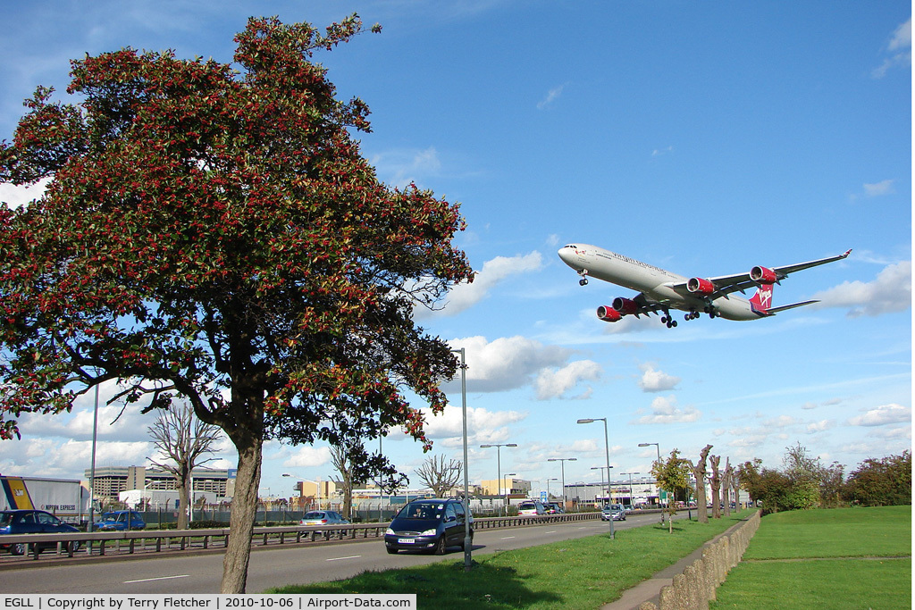 London Heathrow Airport, London, England United Kingdom (EGLL) - Virgin A340 returns to home base at London Heathrow