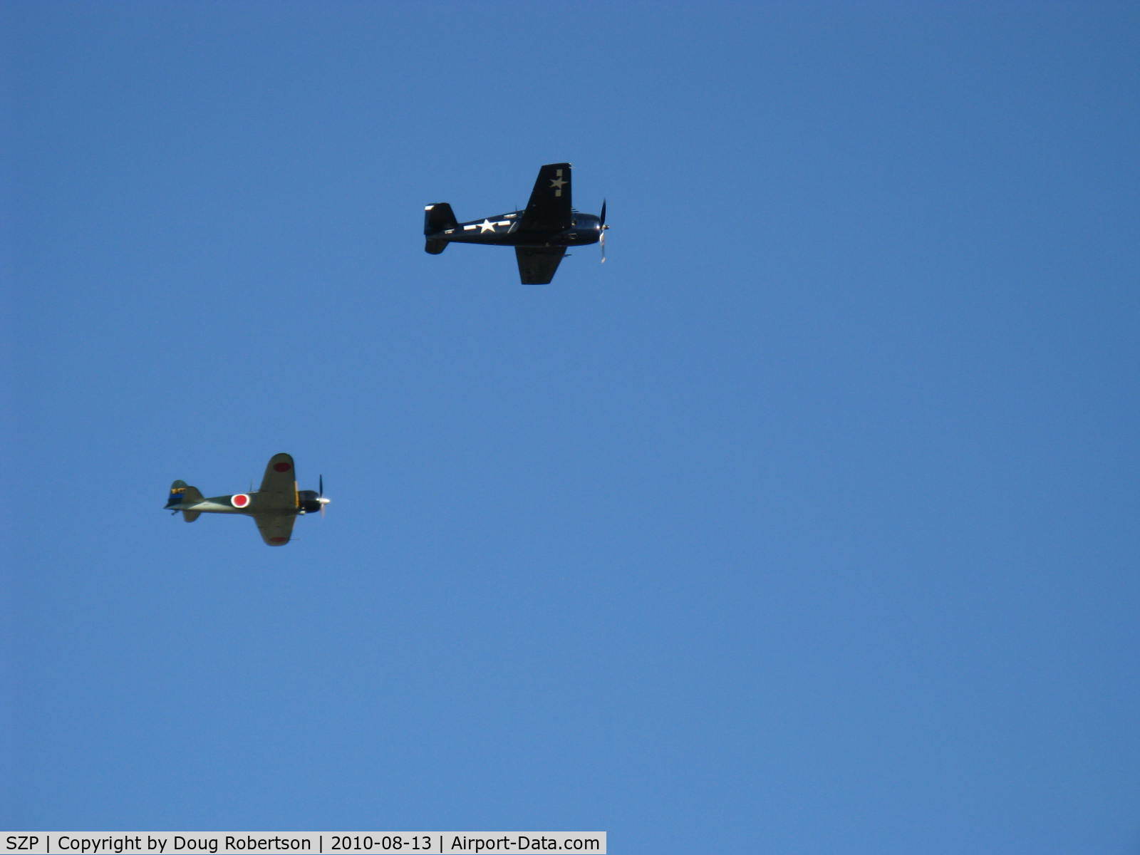 Santa Paula Airport (SZP) - Dogfight airshow practice-N712Z Mitsubishi A6M3 ZERO-SEN (ZEKE) vs. N1078Z S&S Special GRUMMAN F6F-6 HELLCAT 'Minsi III'