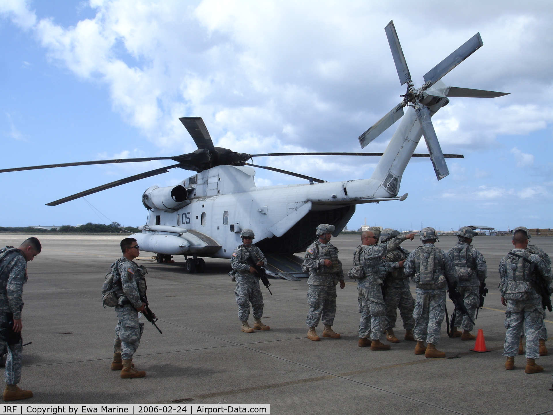 Kalaeloa (john Rodgers Field) Airport (JRF) - Guam National Guard troops training for CH-53 Embark /Disembark training..JRF ramp on Naval Air Museum's CH-53.