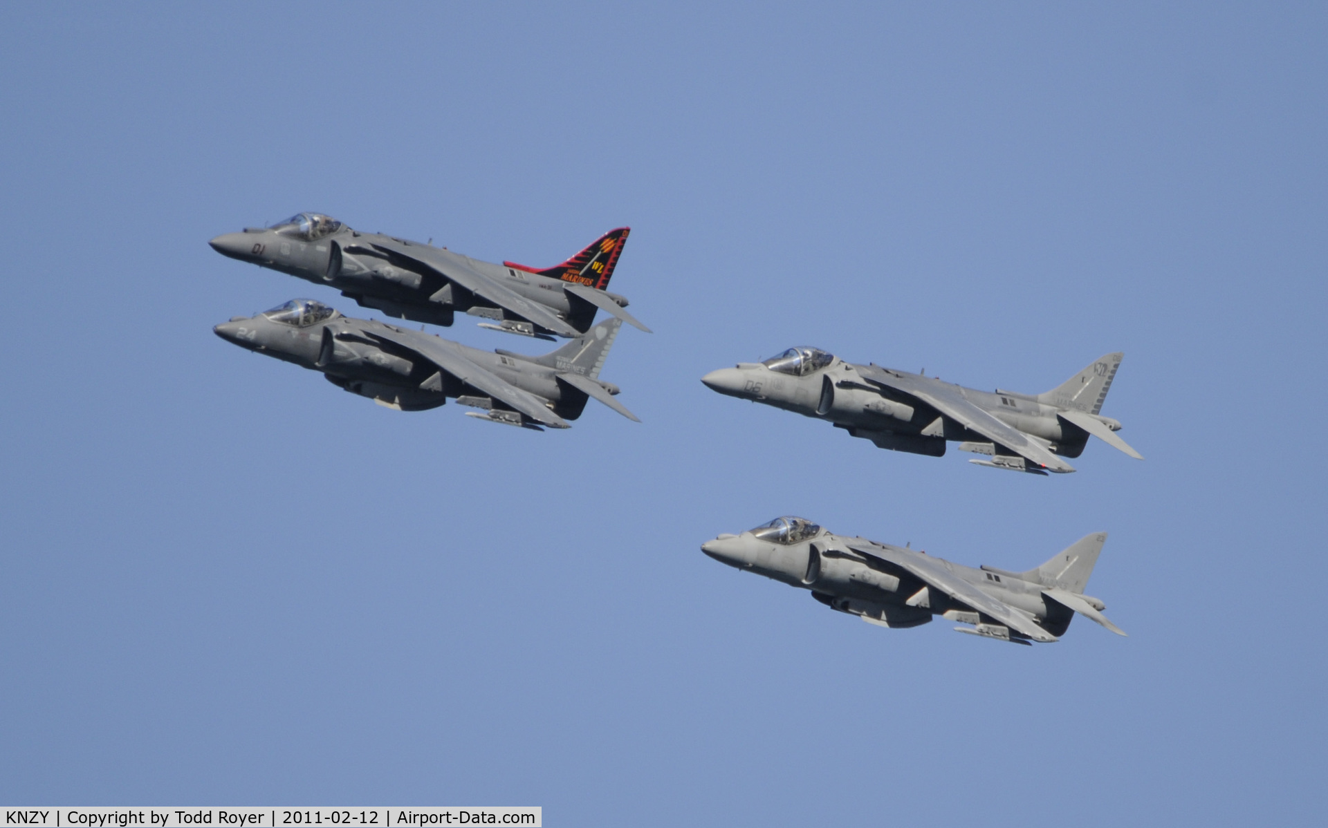 North Island Nas /halsey Field/ Airport (NZY) - Flight of four Harriers