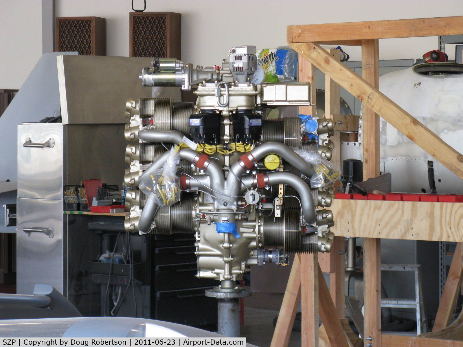 Santa Paula Airport (SZP) - Aviation F/X. Assorted Experimental aircraft, In build. New engine on vertical engine stand. 