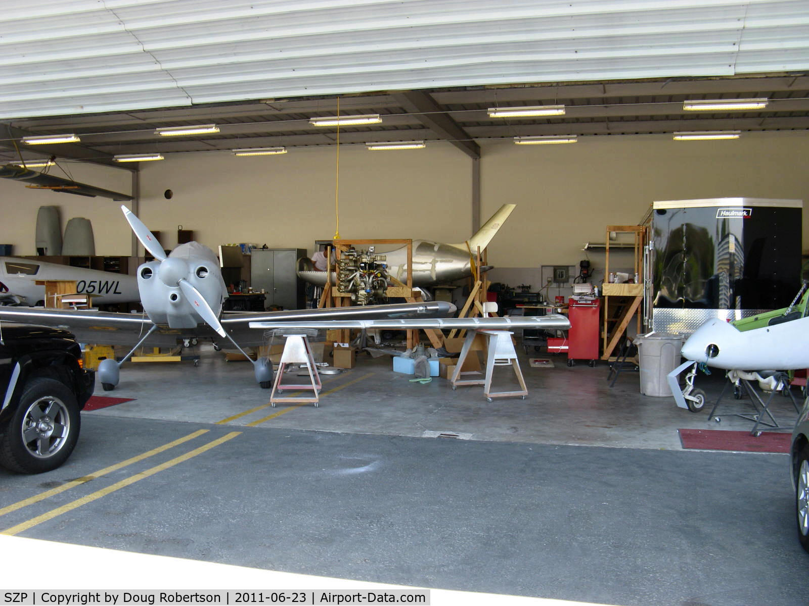Santa Paula Airport (SZP) - Aviation F/X. Assorted Experimental aircraft, In build. Left to right-rare White Lightning, Van's RV, Questair Venture, BD-FLS MICROJET, Quantum Turbine TJ100 jet engine