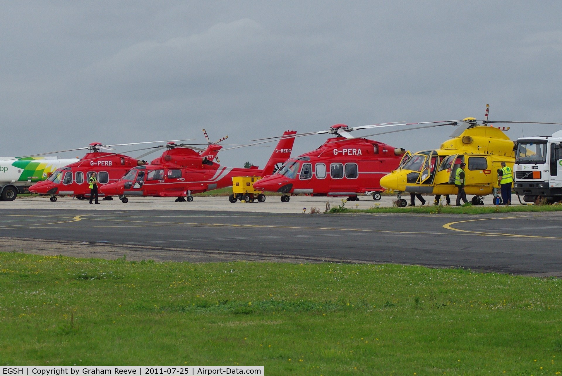 Norwich International Airport, Norwich, England United Kingdom (EGSH) - A line up of Bond and NHL helicopters.