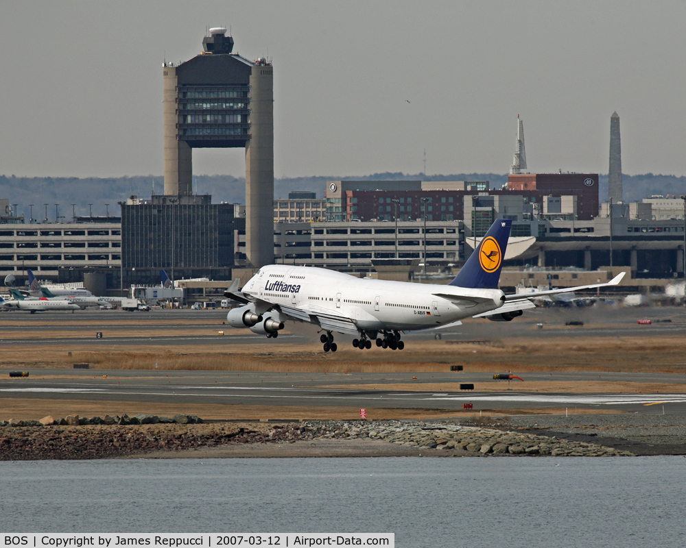 General Edward Lawrence Logan International Airport (BOS) - Lufthansa 747 arrives at Logan Airport.