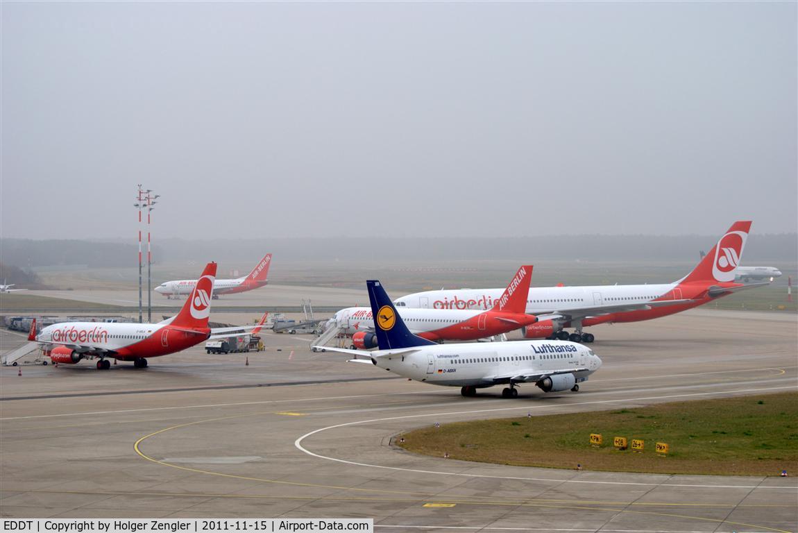 Tegel International Airport (closing in 2011), Berlin Germany (EDDT) - Resting and rolling aircrafts in a foggy environment.