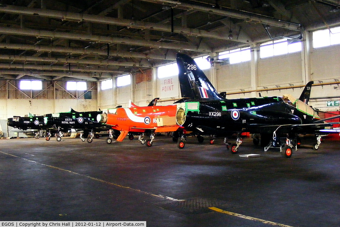 RAF Shawbury Airport, Shawbury, England United Kingdom (EGOS) - Hawks in storage inside the Aircraft Maintenance & Storage Unit hangar