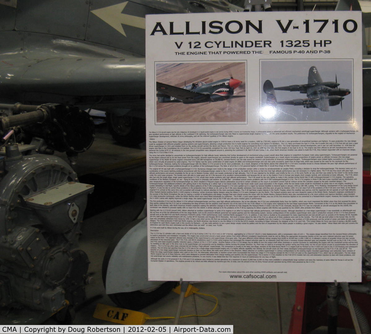 Camarillo Airport (CMA) - Allison V-1710 engine, at CAF Museum. Data card.