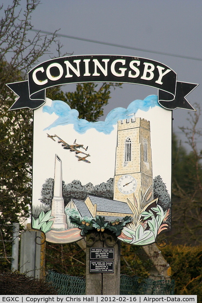 RAF Coningsby Airport, Coningsby, England United Kingdom (EGXC) - Village sign at Coningsby featuring the Battle of Britain Memorial flight