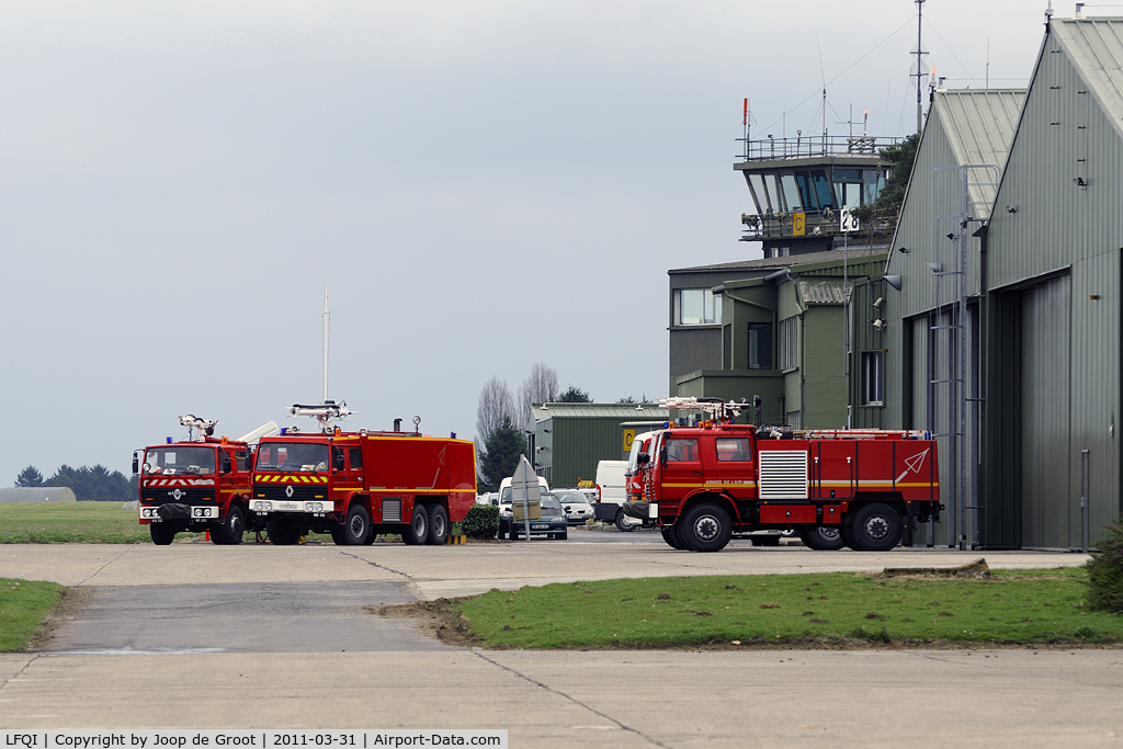 Cambrai Epinoy Airport, Cambrai France (LFQI) - fire trucks in front of the control tower.