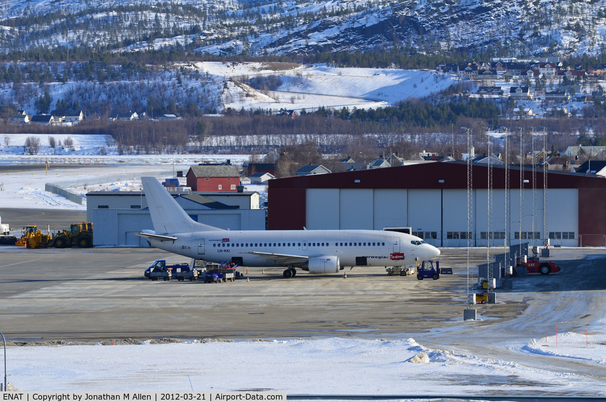 Alta Airport, Alta, Finnmark Norway (ENAT) - Oslo bound 737 LN-KKI loads at Alta airport.