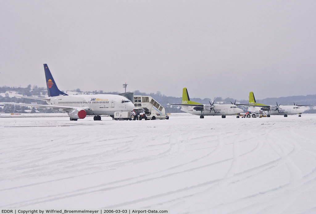 Saarbrücken Airport, Saarbrücken Germany (EDDR) - A winterday in Germany. Two Air Baltic Fokker 50 at Saarbrucken (EDDR/SCN). In and Out for maintenance at Contact Air. 