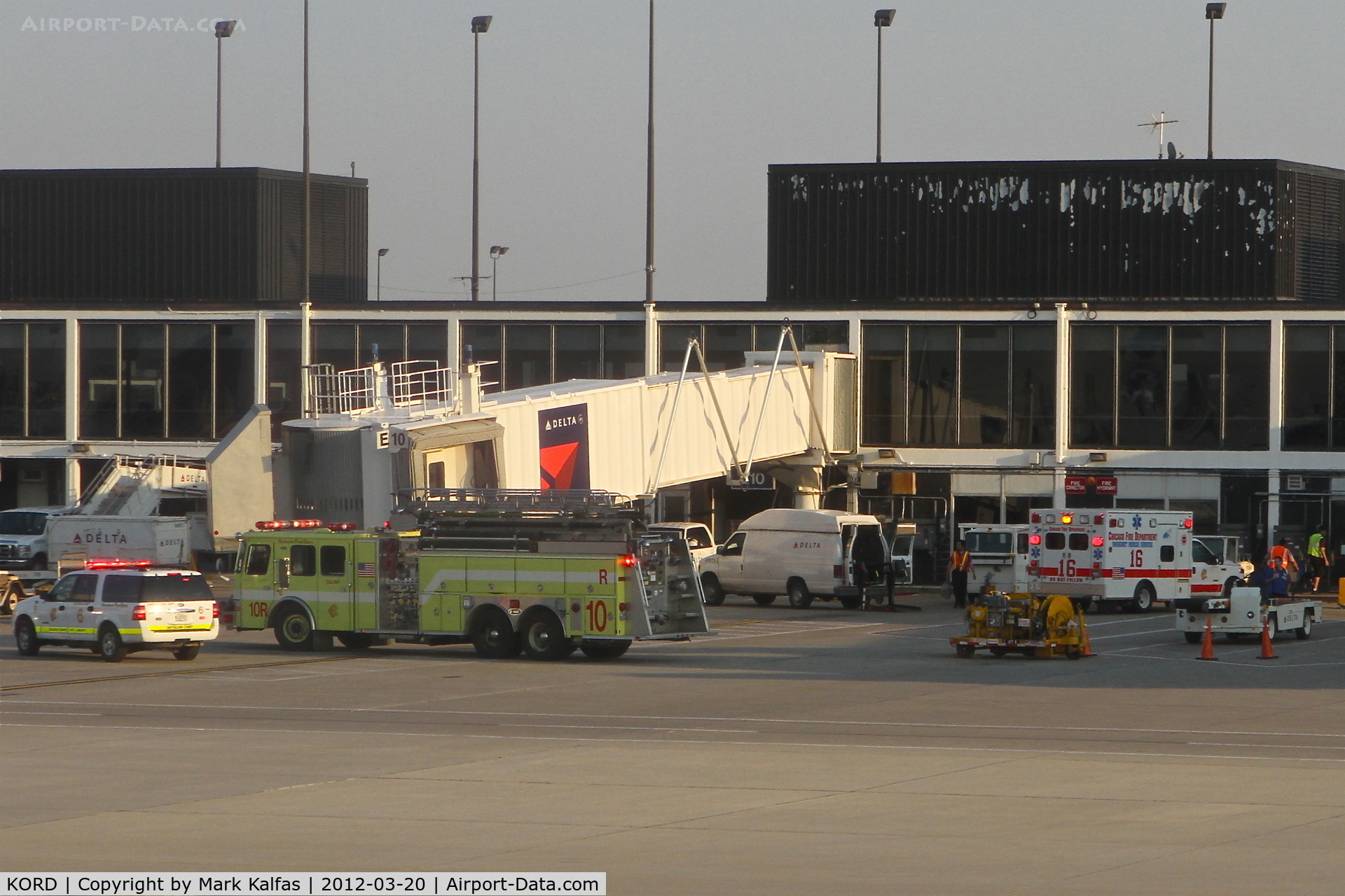Chicago O'hare International Airport (ORD) - Chicago, Illinois - Chicago Fire Department - O'Hare Airport Rescue 2, Engine 10 and Ambulance 16   responding to a call at the Delta Airlines Terminal 2, Gate E10.