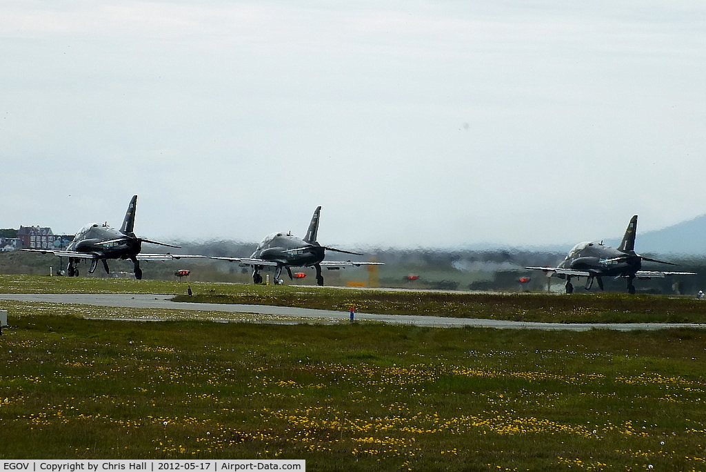 Anglesey Airport (Maes Awyr Môn) or RAF Valley, Anglesey United Kingdom (EGOV) - three Hawk T.1A's of RAF 208(R) Sqdn departing from RAF Valley