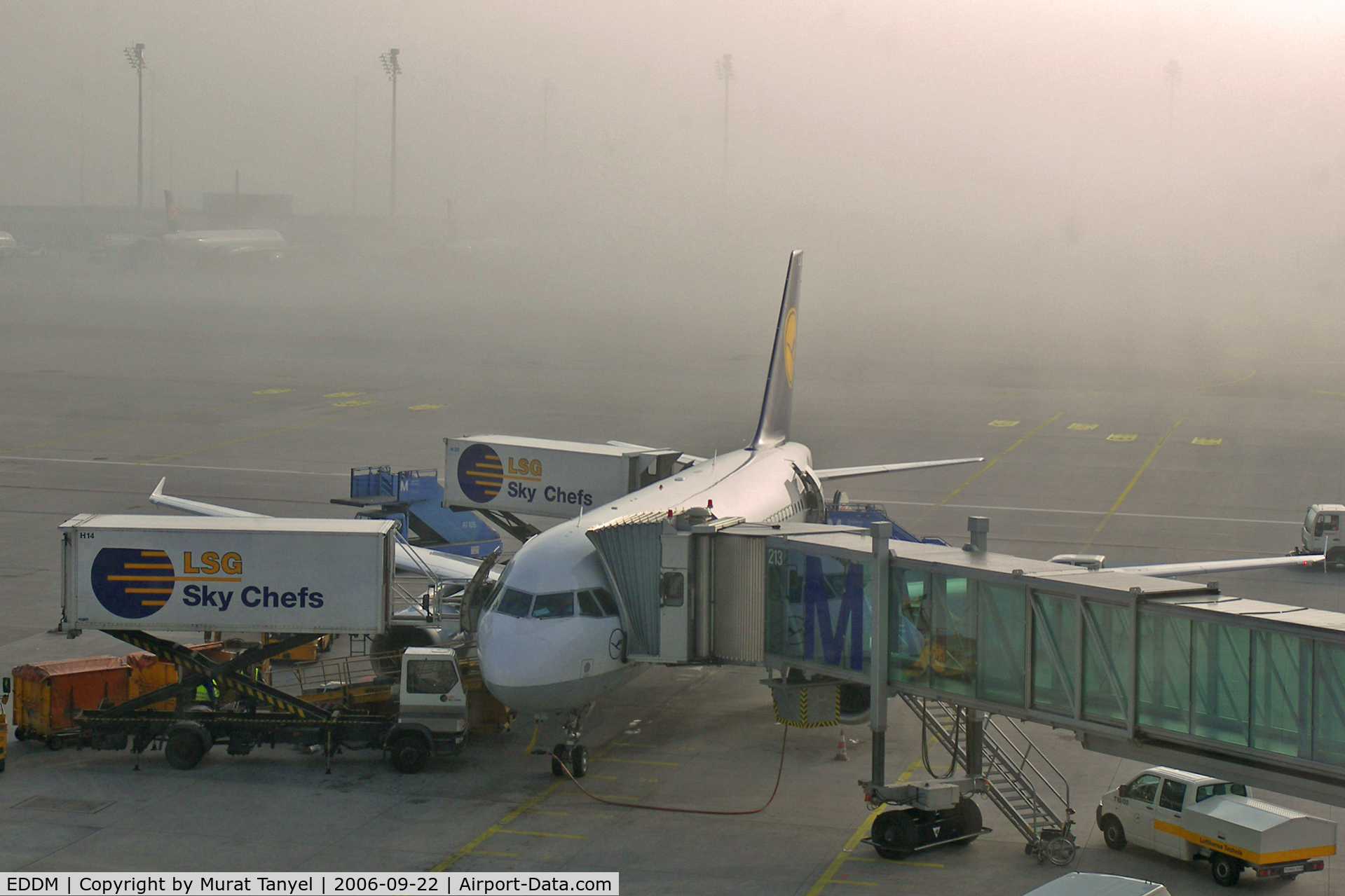 Munich International Airport (Franz Josef Strauß International Airport), Munich Germany (EDDM) - Munich International Airport gate # 213 in the early morning fog