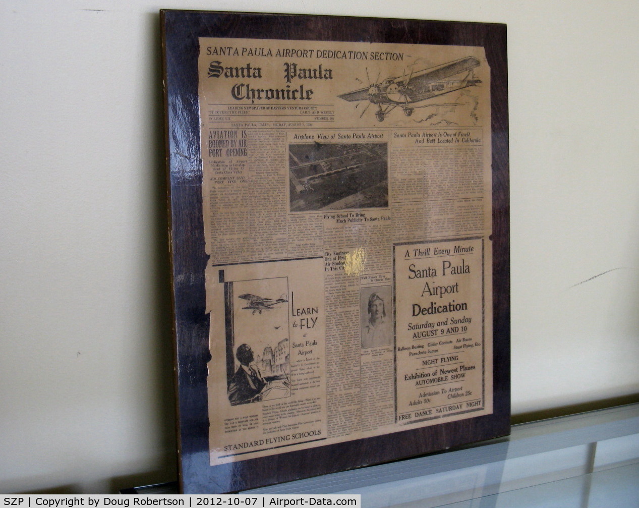 Santa Paula Airport (SZP) - Aviation Museum of Santa Paula. 1930 period newspapers with new airport news stories. Airport Dedication, August 9-10, 1930. Learn to Fly at Santa Paula Airport.