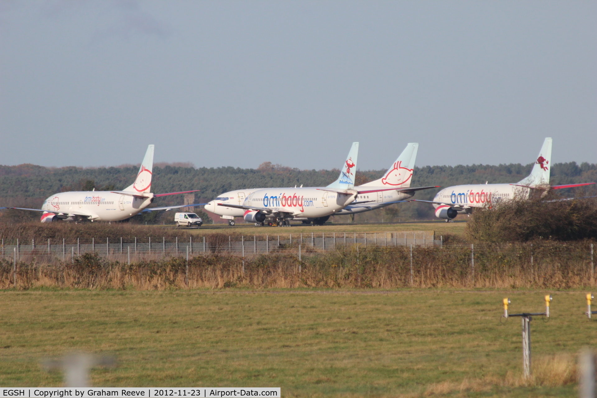 Norwich International Airport, Norwich, England United Kingdom (EGSH) - Some of the BMI Baby 737's stored at Norwich.