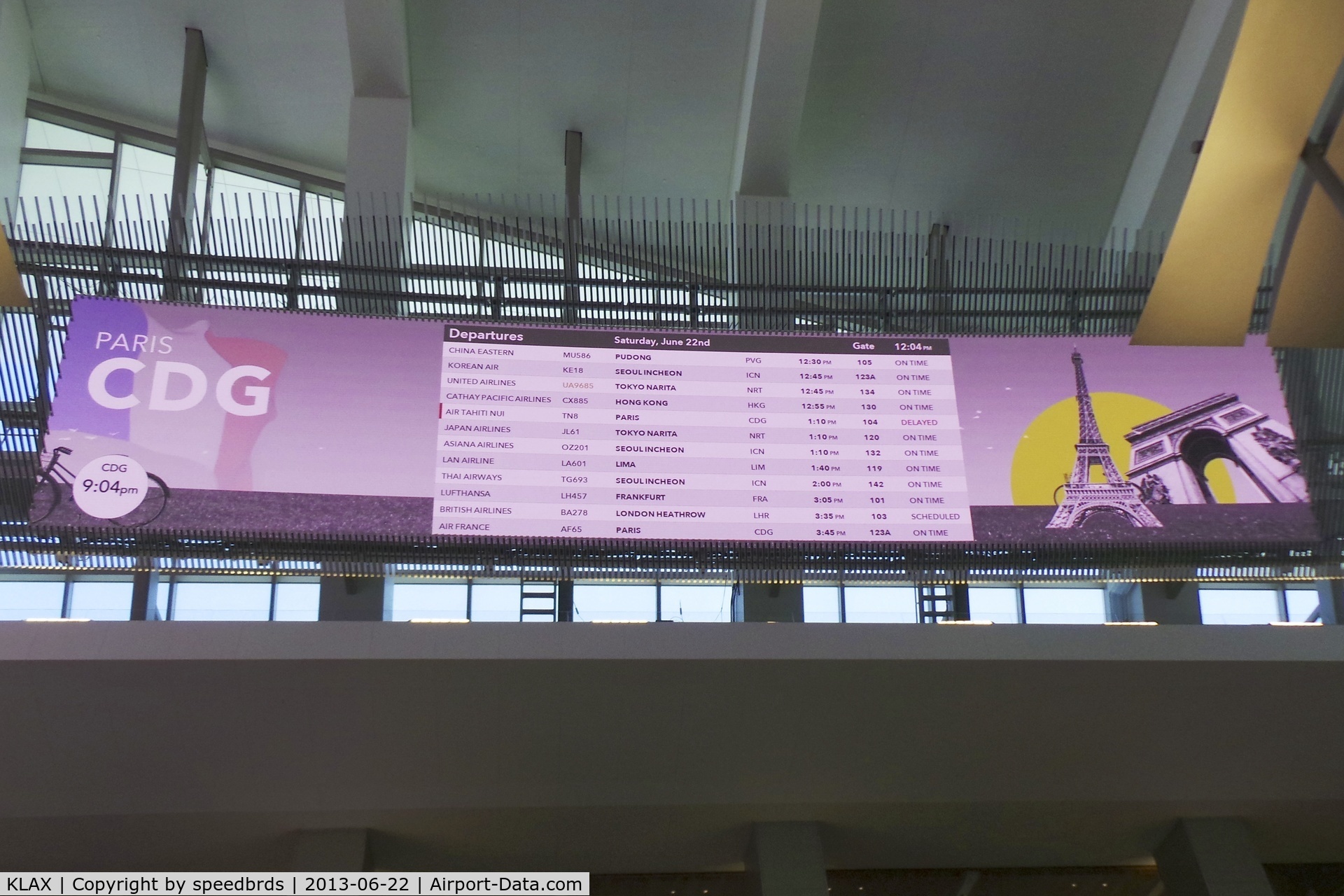 Los Angeles International Airport (LAX) - The departure board (located towards the ceiling, which puts a strain on the neck) located inside the new Tom Bradley International Terminal taken on 
