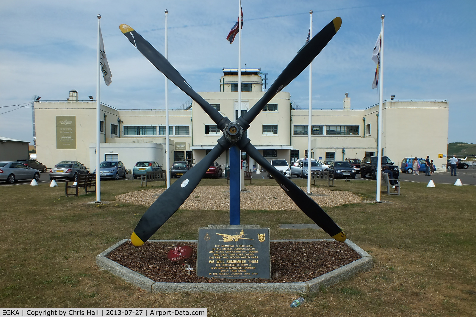 Shoreham Airport, Shoreham United Kingdom (EGKA) - Memorial featuring a Martin B-26 Marauder prop with the Grade II* listed art deco style Terminal  Building in the background