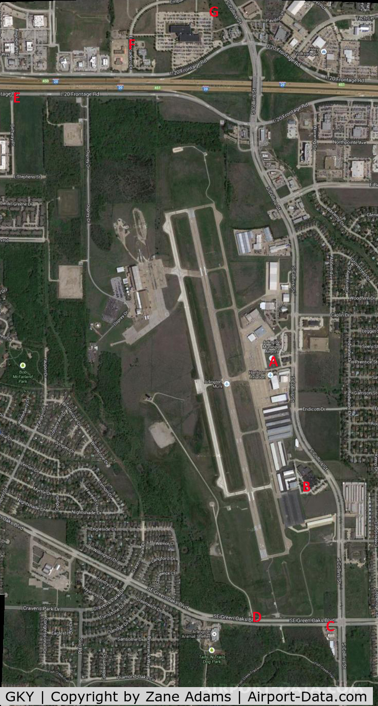 Arlington Municipal Airport (GKY) - Spotting map for Arlington Municipal Airport. The red letters indicate places that you can see action around the airfield.
