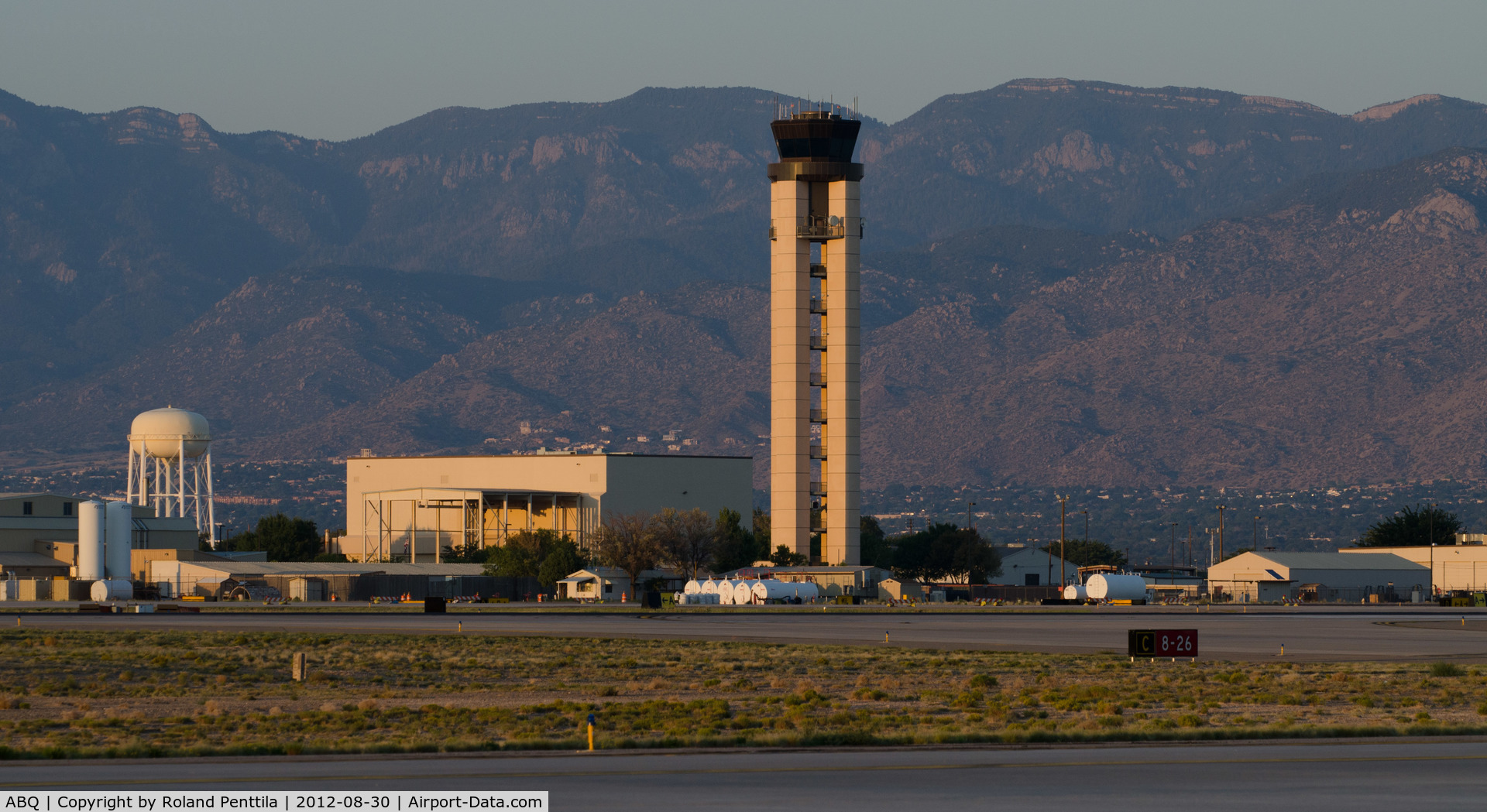 Albuquerque International Sunport Airport (ABQ) - The control tower at evening.  The tower controls both domestic and military operations as this airport is jointly used by Kirtland Air Force Base.
