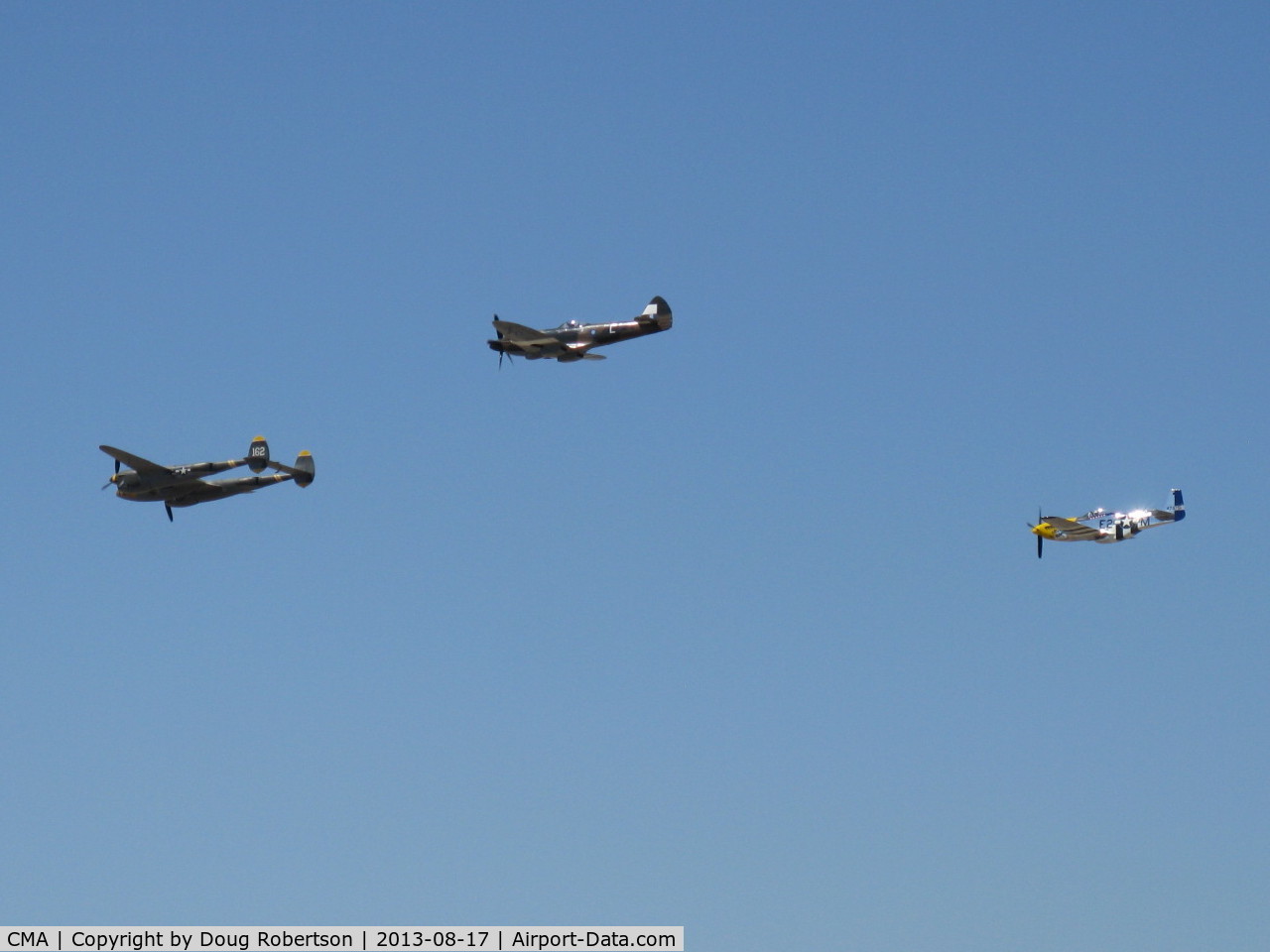 Camarillo Airport (CMA) - P-38 LIGHTNING, SPITFIRE, P-51 MUSTANG Another Flyover Rwy 26 at 2013 WINGS OVER CAMARILLO AIRSHOW