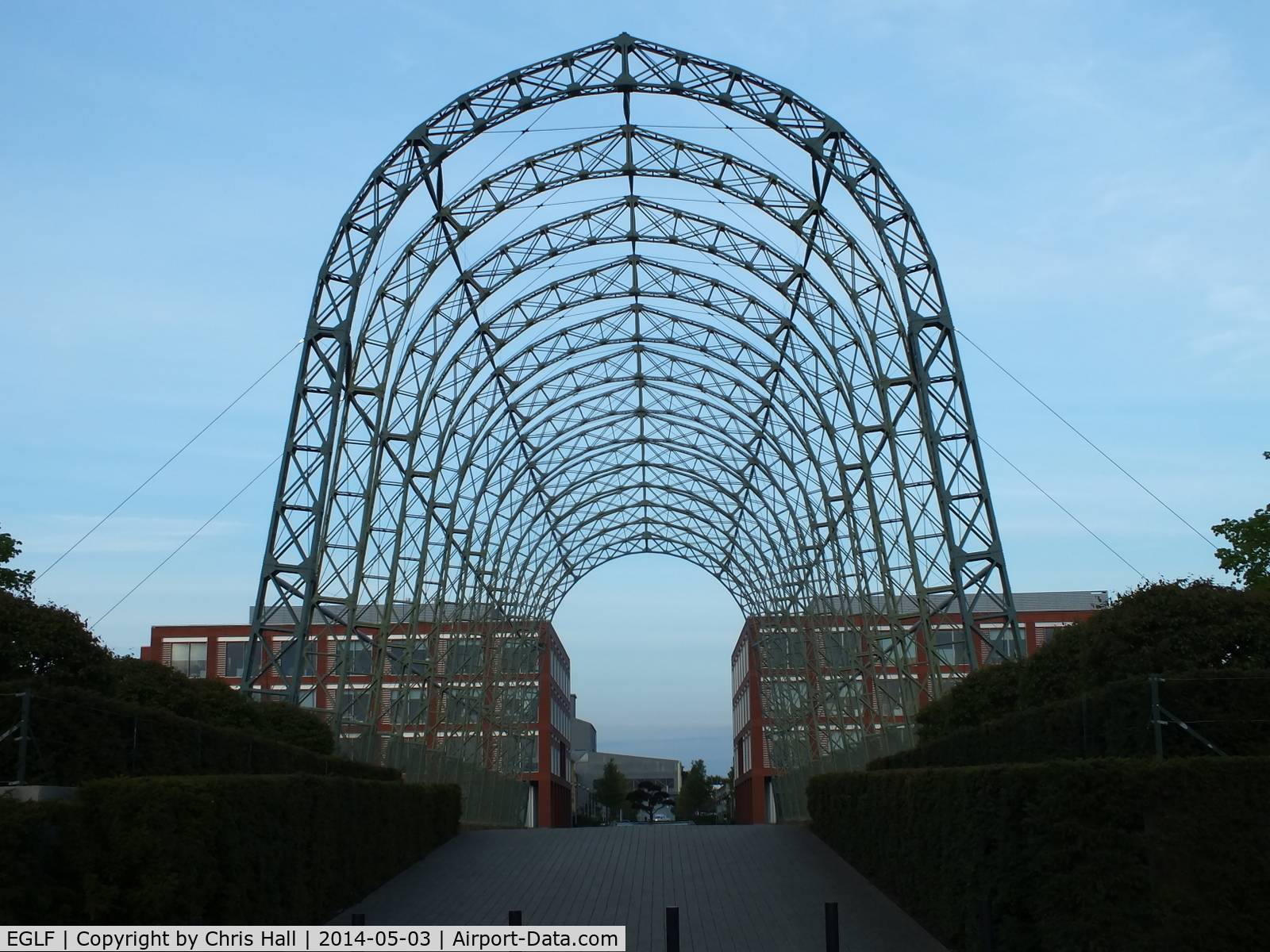Farnborough Airfield Airport, Farnborough, England United Kingdom (EGLF) - The 260-foot long Portable Airship Hangar made up of 112 riveted lattice frames and bolted together to form the 70ft high structure. It is the centrepiece of the new business park that now occupies part of the former Farnborough Airfield site.