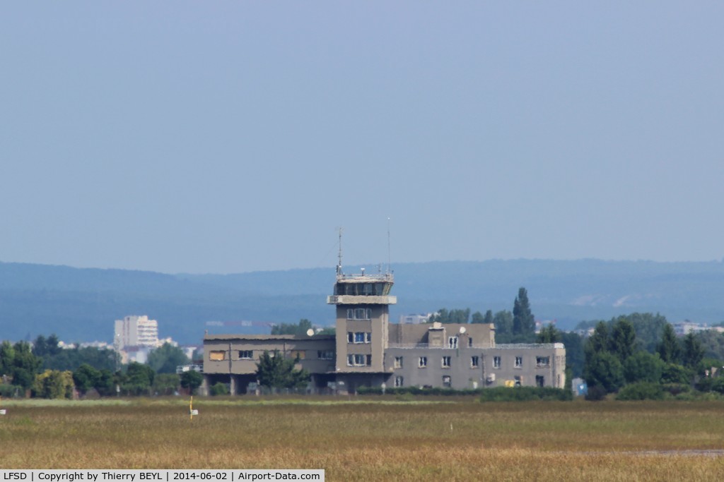 Dijon-Longvic Airbase Airport, Dijon France (LFSD) - View of air force base tower (BA-102) from the east. In the background, the city of Dijon.