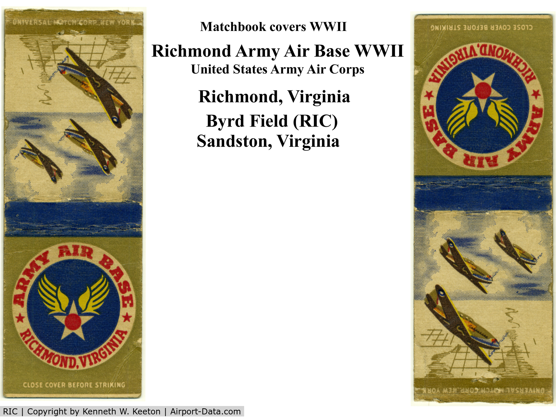 Richmond International Airport (RIC) - WWII matchbook covers of Richmond Army Airbase.