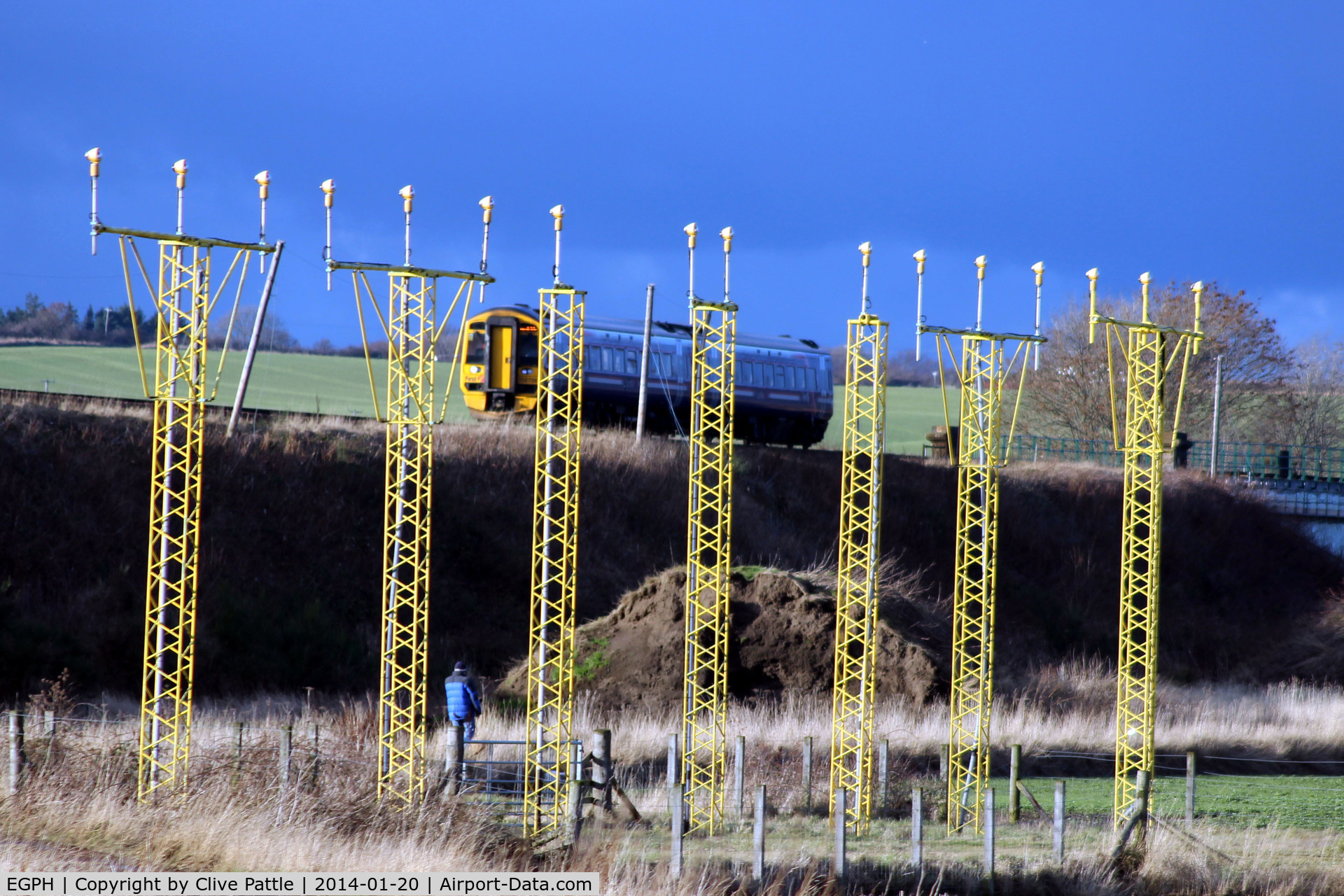 Edinburgh Airport, Edinburgh, Scotland United Kingdom (EGPH) - Landing lights on north side of airfield, on the other side of the railway is the runway. - at Edinburgh EGPH