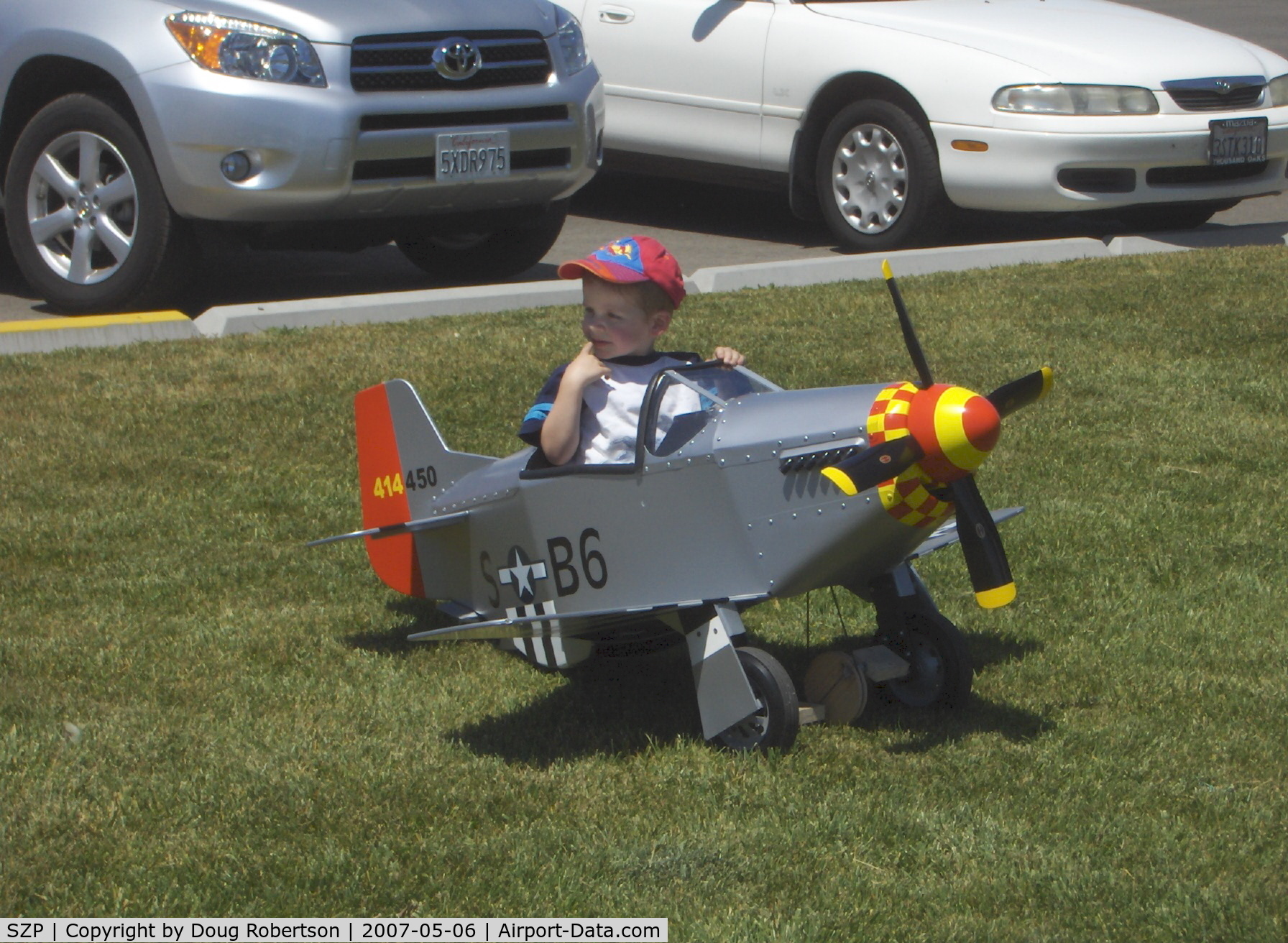Santa Paula Airport (SZP) - P-51 MUSTANG Pedal Plane-3-4 year old power, tough taxi on deep grass runway, plans-built by Dad