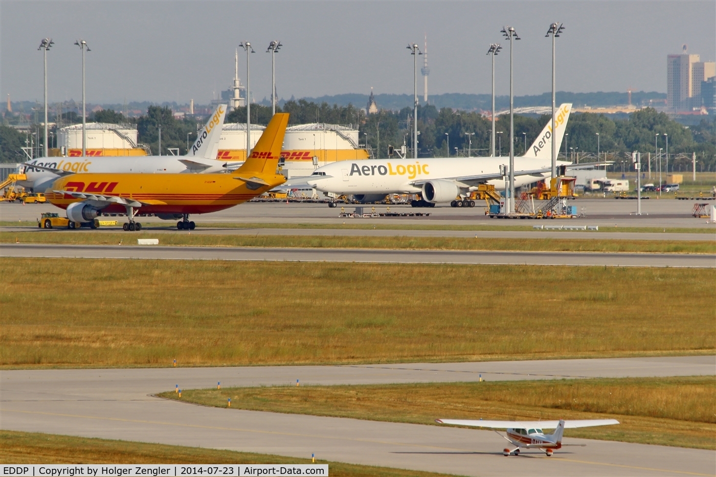 Leipzig/Halle Airport, Leipzig/Halle Germany (EDDP) - View to aprons 4 and 5 and to the City of Leipzig..