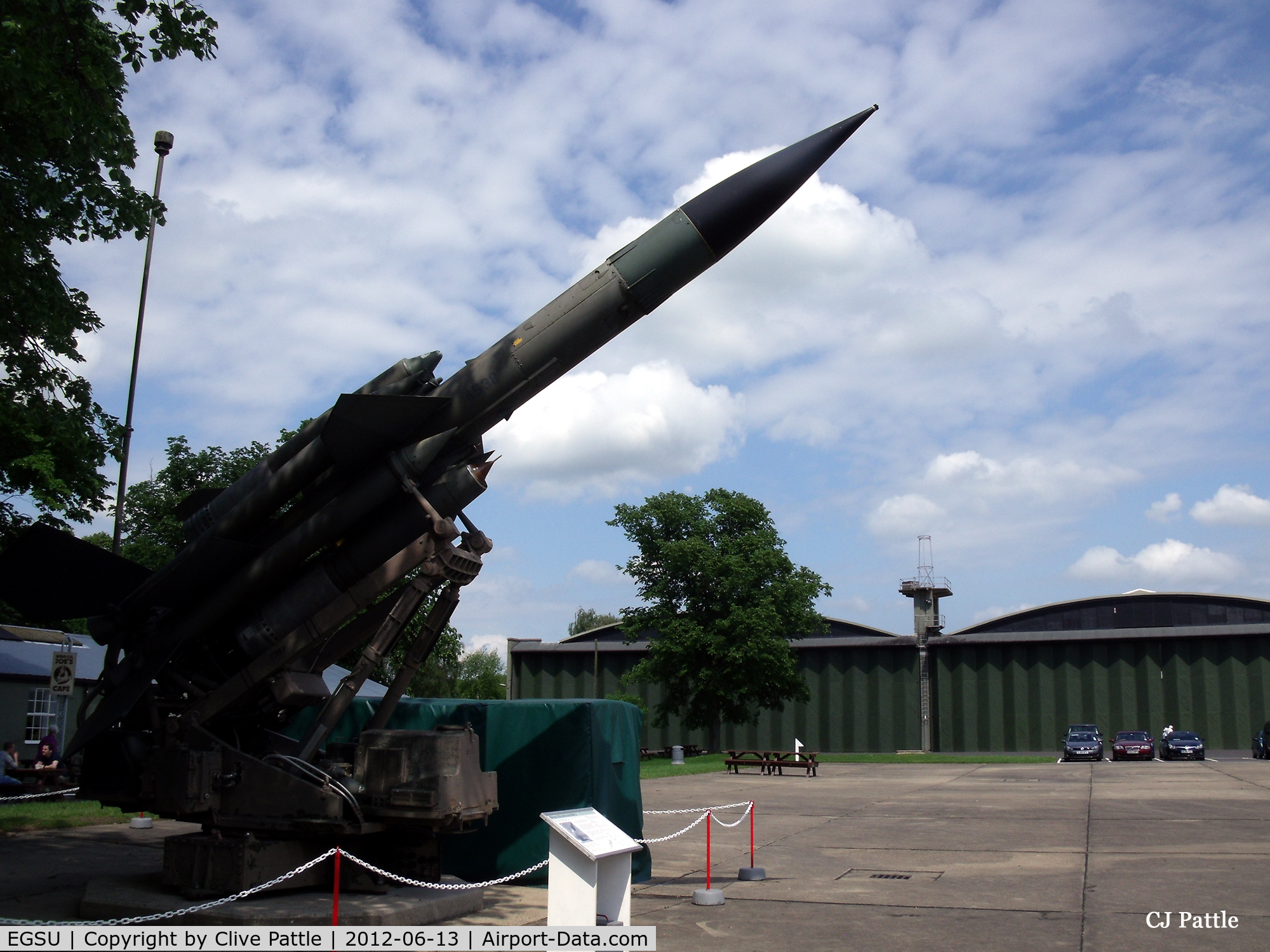 Duxford Airport, Cambridge, England United Kingdom (EGSU) - A view of a SAM system and WWII hangars at the IWM Duxford