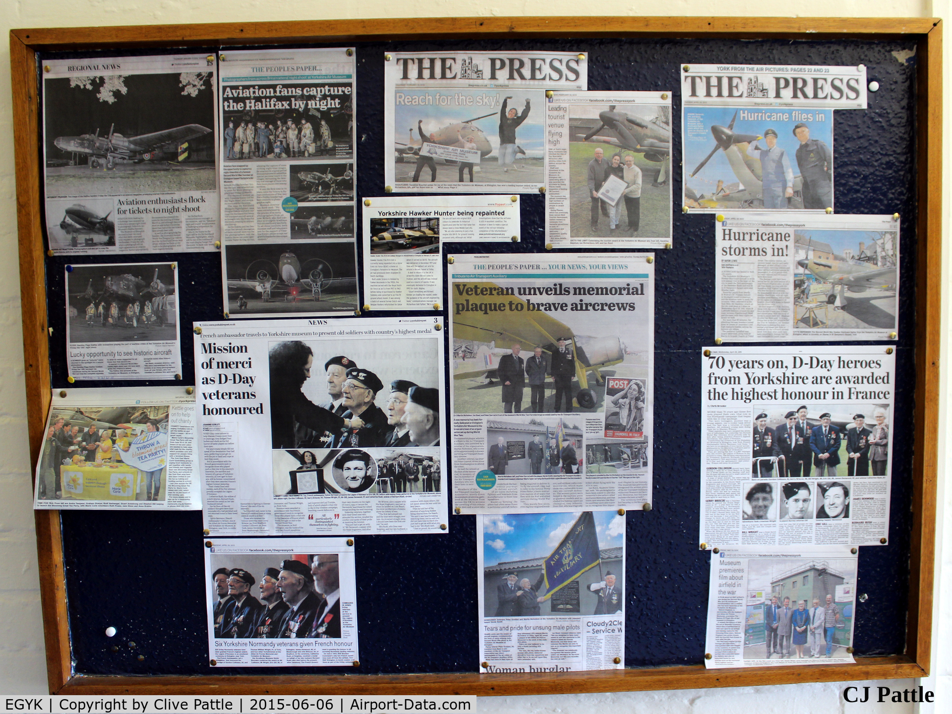 EGYK Airport - A noticeboard with Press Clippings for articles relating to the Yorkshire Air Museum, showing real people involved in the airfields history.
