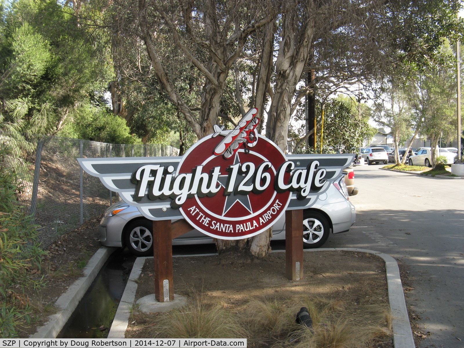 Santa Paula Airport (SZP) - Airport Restaurant sign at SZP airport entrance, replacing Logsdon's airport restaurant that closed. Flight 126 Cafe open for Breakfast and Lunch.